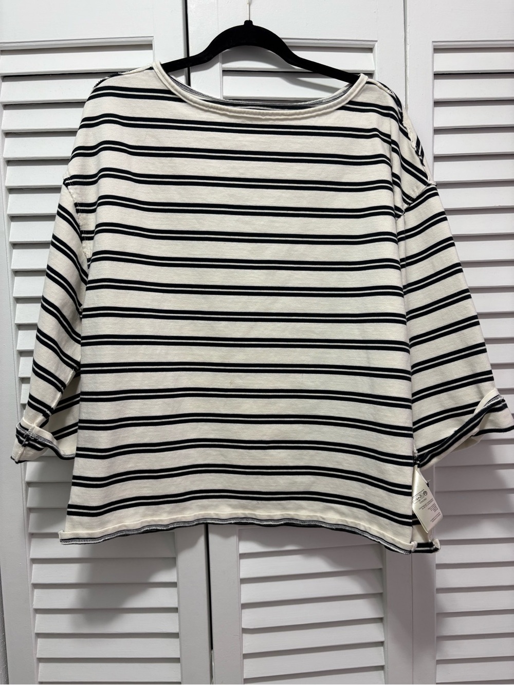 We The Free Cream and Black Striped Boatneck Long Sleeve Top